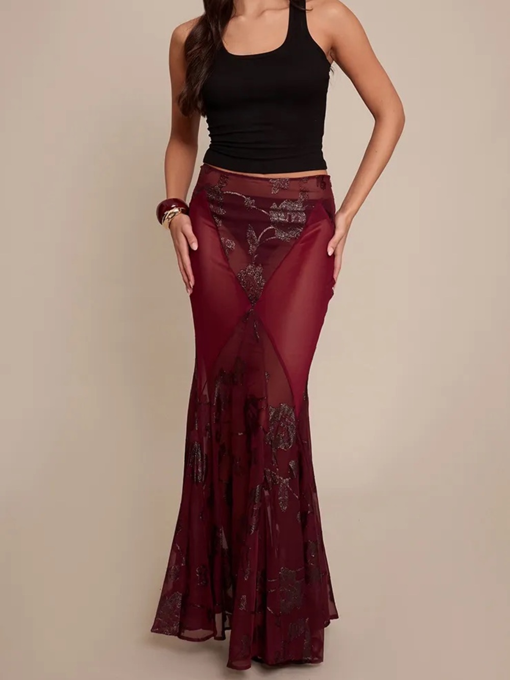 Pretty Little Thing Plum Embroidered Sheer Godet Maxi Skirt